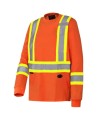 High visibility long-sleeved shirt, neon orange with reflective stripes.