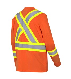 High visibility long-sleeved shirt, neon orange with reflective stripes.