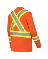 High visibility long-sleeved shirt, neon orange with reflective stripes.