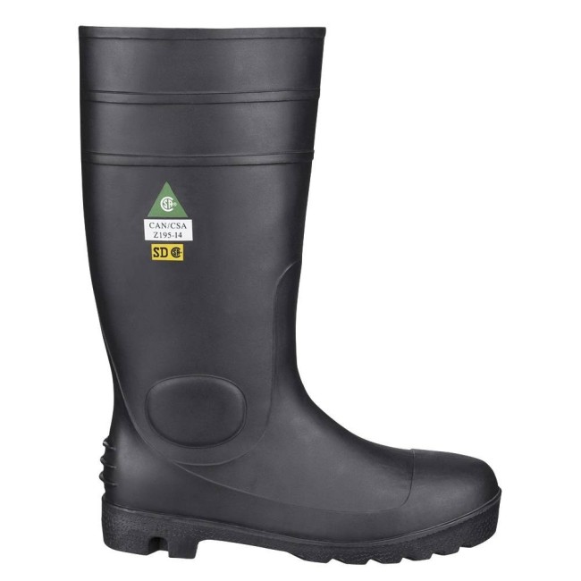 Waterproof black PVC boots with steel toe caps, CSA Z195 compliant.