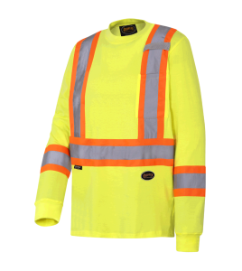 High visibility long-sleeved shirt, neon yellow with grey reflective stripes