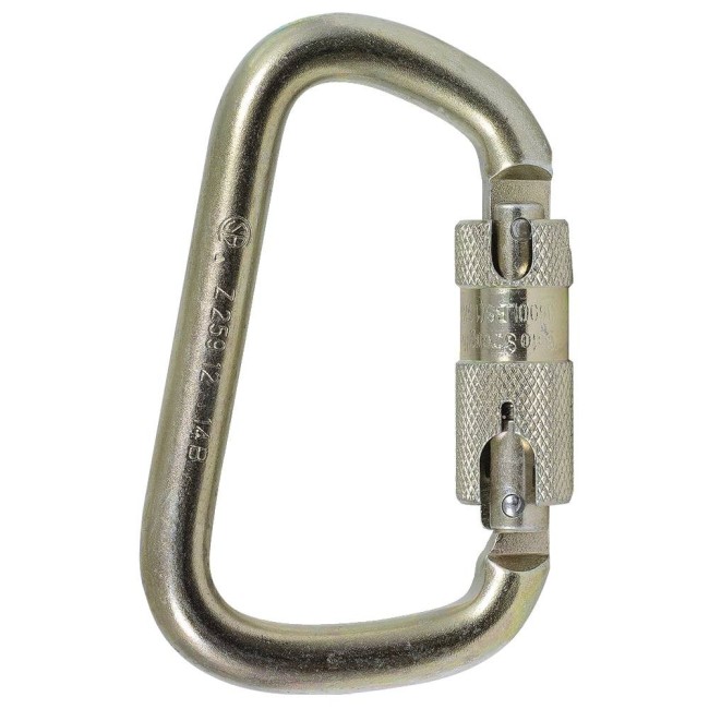 Semi-automatic self-locking D-lock carabiner, 1" opening, withstands a force of 7868 lb (30 kN)