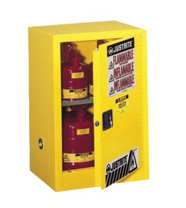 Wall-mounted flammable liquids storage cabinet, 12 US gallons (45 L), meets FM, NFPA and OSHA.