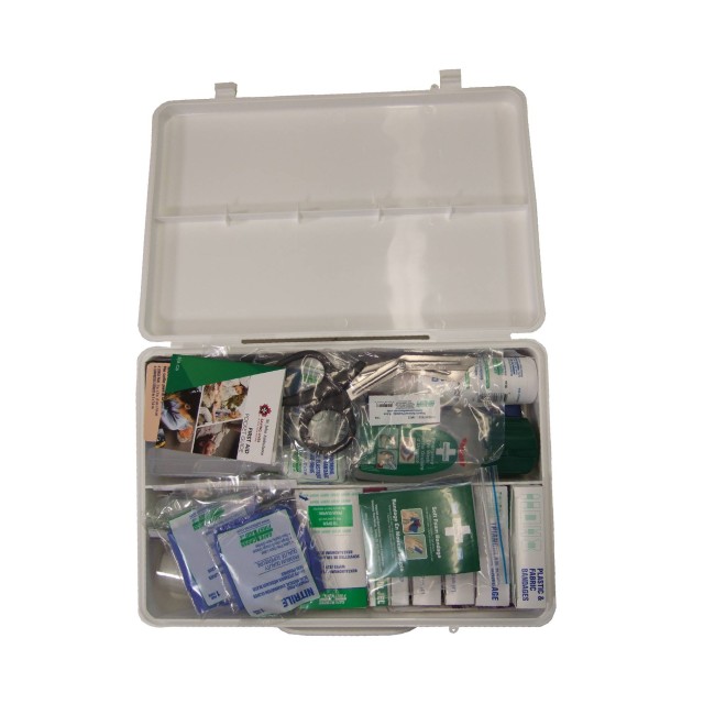 First aid kit with a 31-types of item content for minor chemical burns care. Content non-compliant with any requirements