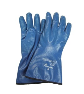 Cotton flannel nitrile gloves with hand roughened finish, 11" long. Sold by pair, choice of sizes.