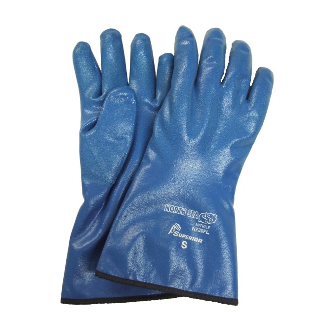 Cotton flannel nitrile gloves with hand roughened finish, 11" long. Sold by pair, choice of sizes.