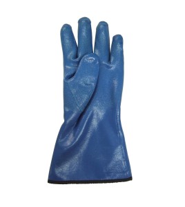 Cotton flannel nitrile gloves with hand roughened finish, 11" long. Sold by pair, choice of sizes.