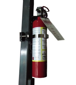 Metal base for the installation of a fire extinguisher on a forklift