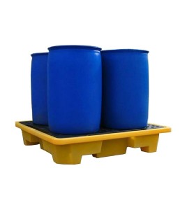 Yellow retention platform, 57.5X57.5X12 in. designed for four drums of 205 liters (45 gal), capacity of 250 liters (55-gal Imp)