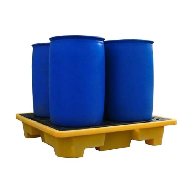 Yellow retention platform, 57.5X57.5X12 in. designed for four drums of 205 liters (45 gal), capacity of 250 liters (55-gal Imp)