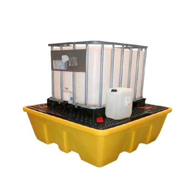 Yellow platform, model of 66X66X27.5 in, designed to store one (1) IBC tank cage capacity of 1260 liters (277.2 gal Imp)