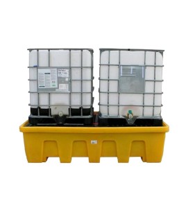 Yellow platform, model of 89X57X23 in, designed to store two (2) IBC tank cages capacity of 1200 liters (263.9 gal Imp)