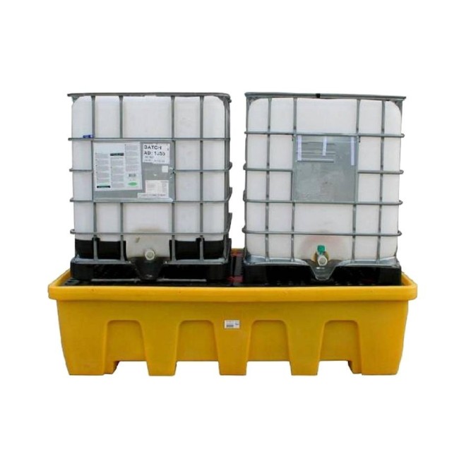 Yellow platform, model of 89X57X23 in, designed to store two (2) IBC tank cages capacity of 1200 liters (263.9 gal Imp)