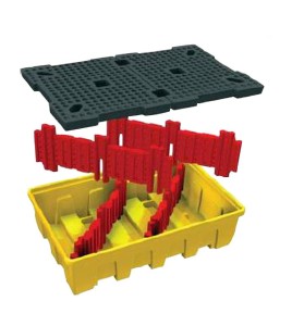 Yellow platform, model of 89X57X23 in, designed to store two (2) IBC tank cages capacity of 1200 liters (263.9 gal Imp)