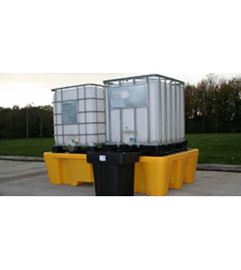 Yellow platform, model of 89X57X23 in, designed to store two (2) IBC tank cages capacity of 1200 liters (263.9 gal Imp)