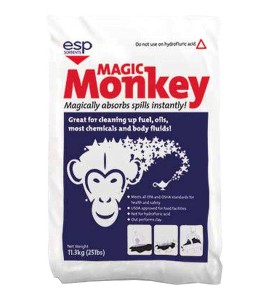 Magic Monkey absorbent granules for liquid spills of any viscosity with capacity of 41 to 52 L, sold in 11.3 kg (25 lb) bags