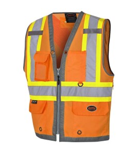 Veste d’arpenteur haute visibilité orange fluorescente, à bandes rétroréfléchissantes argentées et jaune fluorescentes