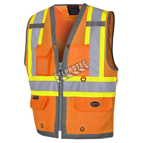 Veste d’arpenteur haute visibilité orange fluorescente, à bandes rétroréfléchissantes argentées et jaune fluorescentes