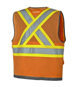 Veste d’arpenteur haute visibilité orange fluorescente, à bandes rétroréfléchissantes argentées et jaune fluorescentes