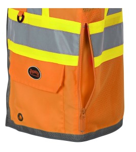 Veste d’arpenteur haute visibilité orange fluorescente, à bandes rétroréfléchissantes argentées et jaune fluorescentes