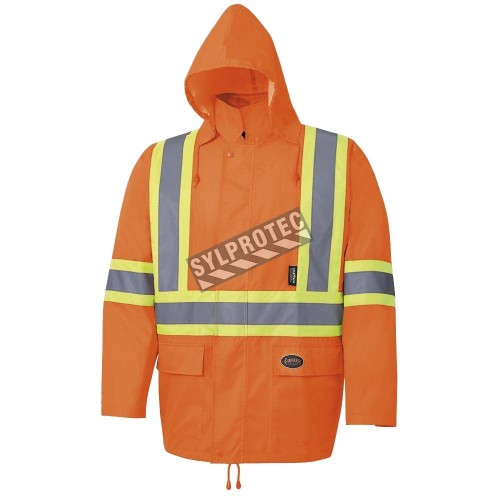 High-visibility orange raincoat set made of 150D Oxford weave and polyurethane, sold by setsizes S to 4XL