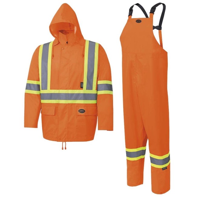 High-visibility orange raincoat set made of 150D Oxford weave and polyurethane, sold by setsizes S to 4XL