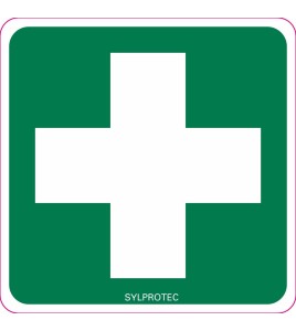 Self-adhesive vinyl cross sign for custom-made first aid signage on kits