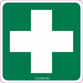 Self-adhesive vinyl cross sign for custom-made first aid signage on kits