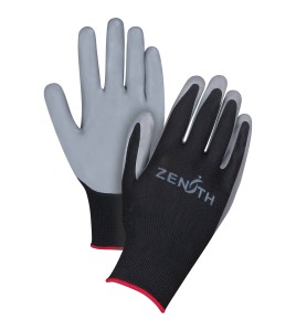 Black Zenith glove, economical, 13-gauge polyester knit coated with porous nitrile, sold by the pair, sizes (7 to 11)