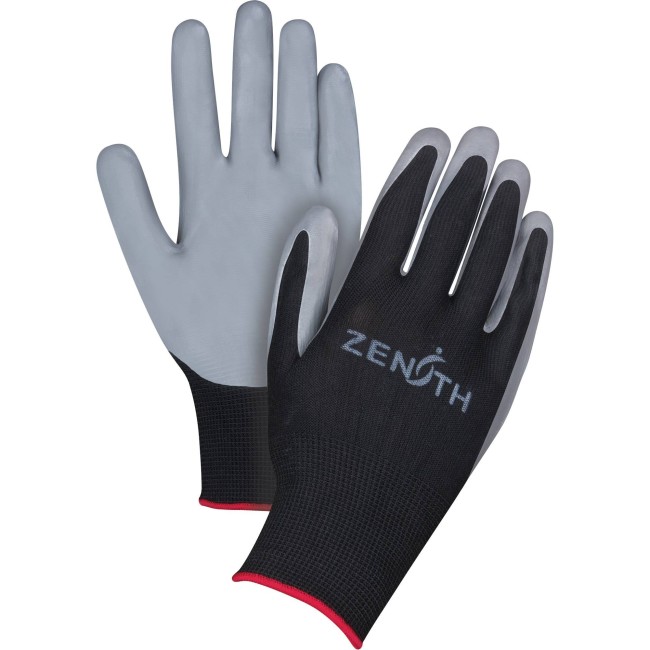 Black Zenith glove, economical, 13-gauge polyester knit coated with porous nitrile, sold by the pair, sizes (7 to 11)