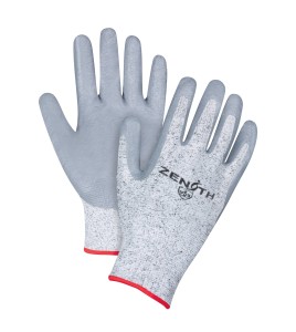 Zenith gray cut proof economy glove, HPPE 13 gauges knit coated with porous nitrile, sold by the pair, sizes 7 to 11