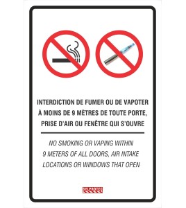 Affiche bilingue « Interdiction de fumer ou de vapoter à moins de 9 mètres » disponible en deux matériels. 