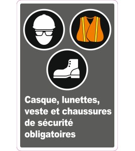 French CDN " Wearing a helmet, glasses, bib and boots is mandatory " sign: many sizes, shapes, materials & languages