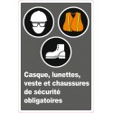 Affiche CDN « Port de casque, lunettes, dossard, bottes obligatoire » en français: langues, formats & matériaux divers + options