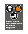 French CDN " Wearing a helmet, glasses, bib and boots is mandatory " sign: many sizes, shapes, materials & languages