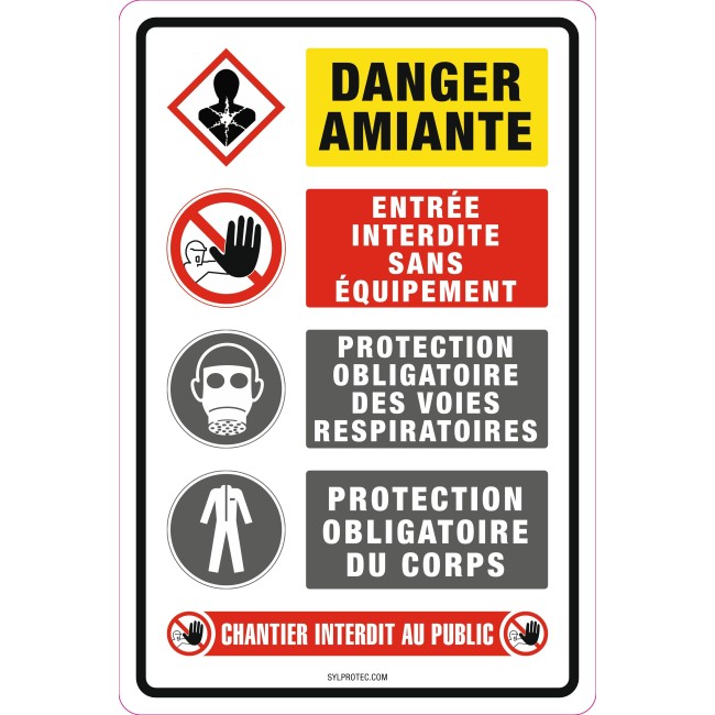 French sign " Asbestos hazard, no entry without equipment " sign: many sizes, shapes, materials & languages + optional features