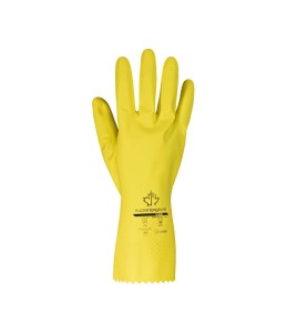 Yellow latex, textured, flocked cotton glove 12" long and 12 mils thick, sold by the pair