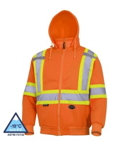 Men's orange Pioneer fleece hoodie made of 10.5 oz high-visibility polyester, sold individually