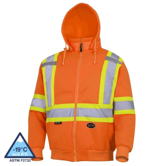 Men's orange Pioneer fleece hoodie made of 10.5 oz high-visibility polyester, sold individually