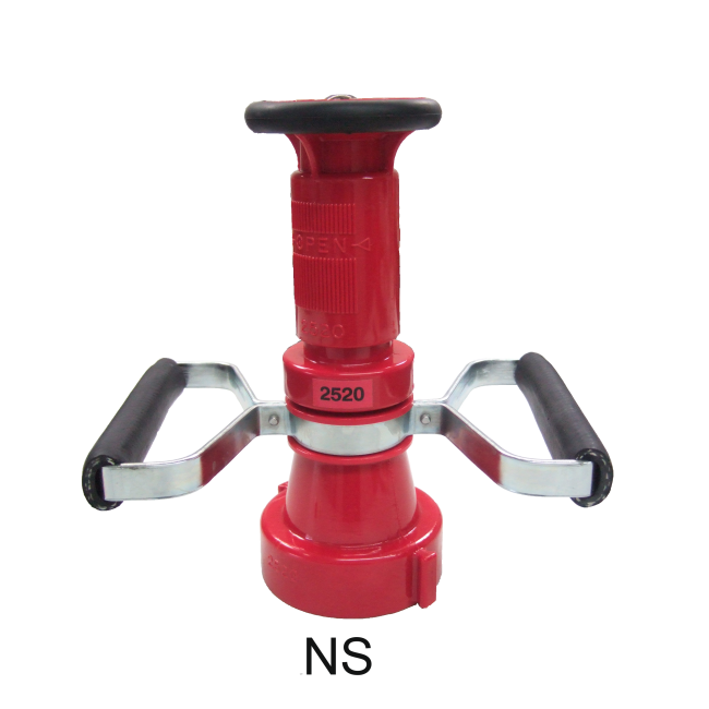 Polycarbonate spray nozzle with handle for 2.5" hose, NS (N-Scotia) thread, fog stream, full stream or complete shut-off