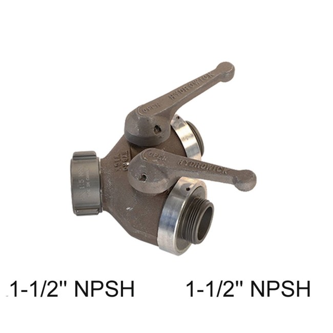 Gate-wye with individual control valve, 1-1/2'' female NPSH swivel inlet to two 1-1/2'' male NPSH outlets