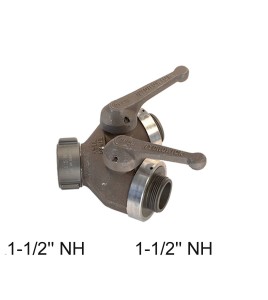 Gate-wye with individual control valve at outlet to regulate flow, 1-1/2'' female NH swivel inlet to two 1-1/2'' male NH outlets