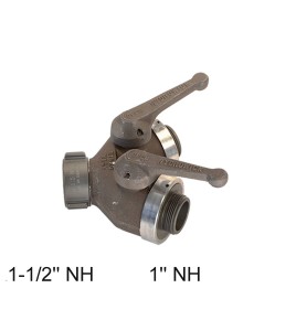 Gate-wye with individual control valve, 1-1/2'' female NH swivel inlet to two 1'' male NPSH outlets