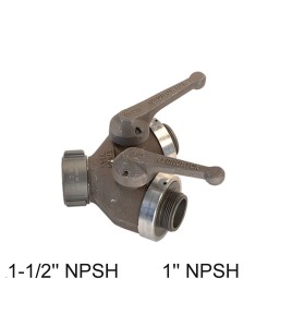 Gate-wye with individual control valve, 1-1/2'' female NPSH swivel inlet to two 1'' male NPSH outlets