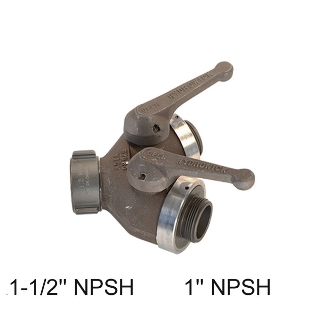 Gate-wye with individual control valve, 1-1/2'' female NPSH swivel inlet to two 1'' male NPSH outlets