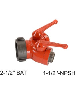 Gate-wye with individual control valve at outlet to regulate flow, 2-1/2'' female BAT swivel inlet to two 1-1/2'' male NPSH