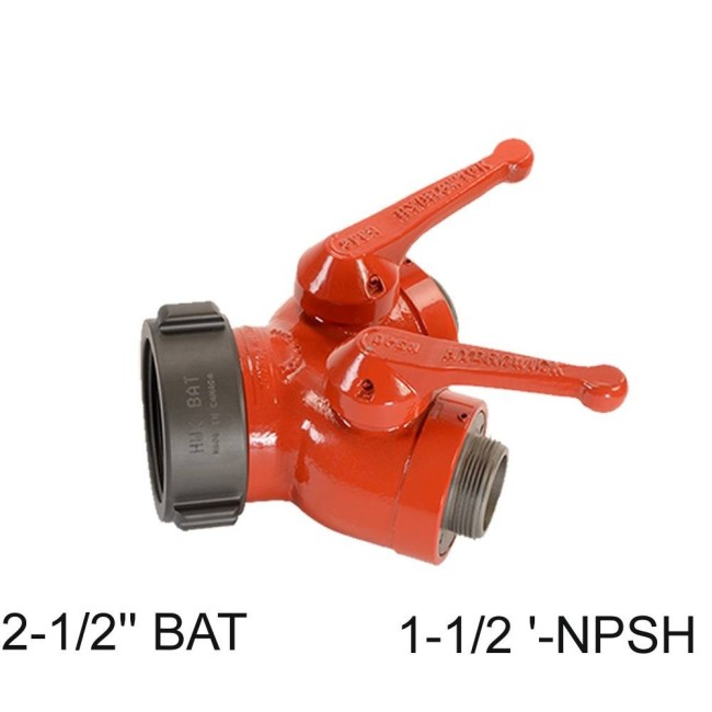 Gate-wye with individual control valve at outlet to regulate flow, 2-1/2'' female BAT swivel inlet to two 1-1/2'' male NPSH