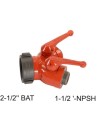 Gate-wye with individual control valve at outlet to regulate flow, 2-1/2'' female BAT swivel inlet to two 1-1/2'' male NPSH