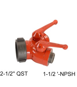 Gate-wye with individual control valve at outlet to regulate flow, 2-1/2'' female QST swivel inlet to two 1-1/2'' male NPSH