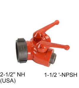 Gate-wye with individual control valve at outlet to regulate flow, 2-1/2'' female NH swivel inlet to two 1-1/2'' male NPSH